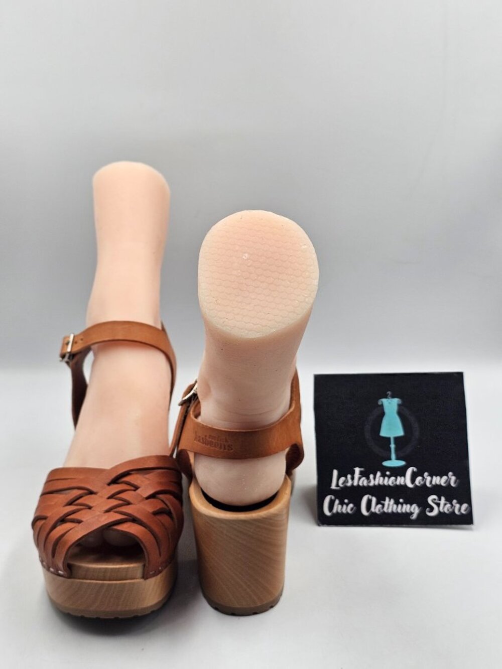 Swedish Hasbeens Womens Braided Tan Leather Sky High Wooden Clogs Sz 9.5 3719 - Picture 11 of 16